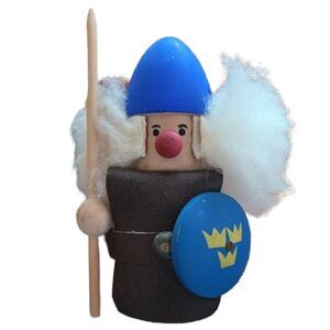 VTG MID CENTURY SWEDEN HAND CARVED VIKING FIGURINE LEATHER BLUE HELMET SHIELD 4"